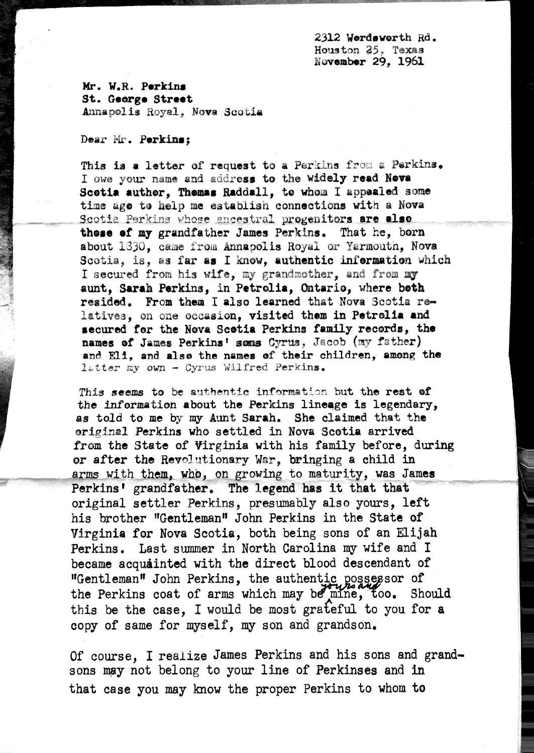 19611129 Letter from Cyrus W Perkins to William R Perkins