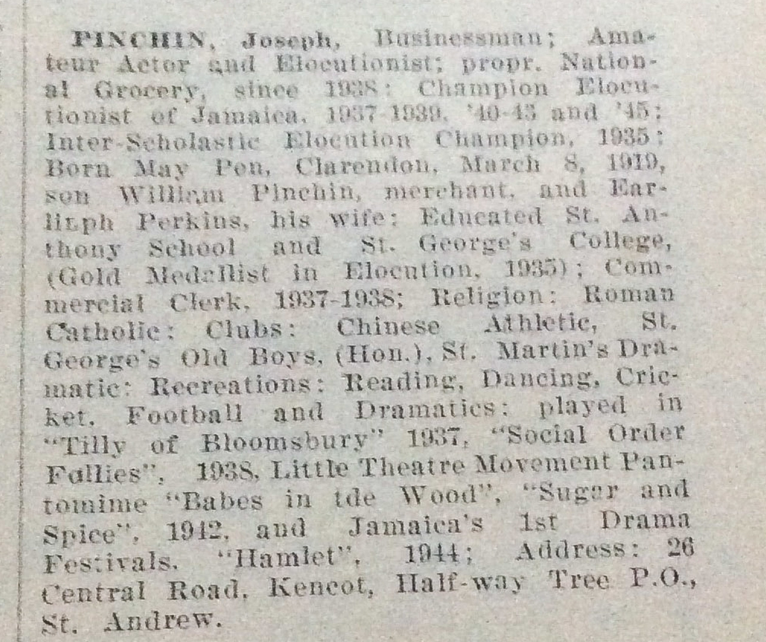 Joseph Pinchin Biography (1945 Jamaica Who's Who)