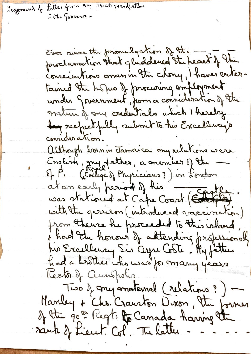Letter Fragment of Cyrus Francis Perkins to Governor