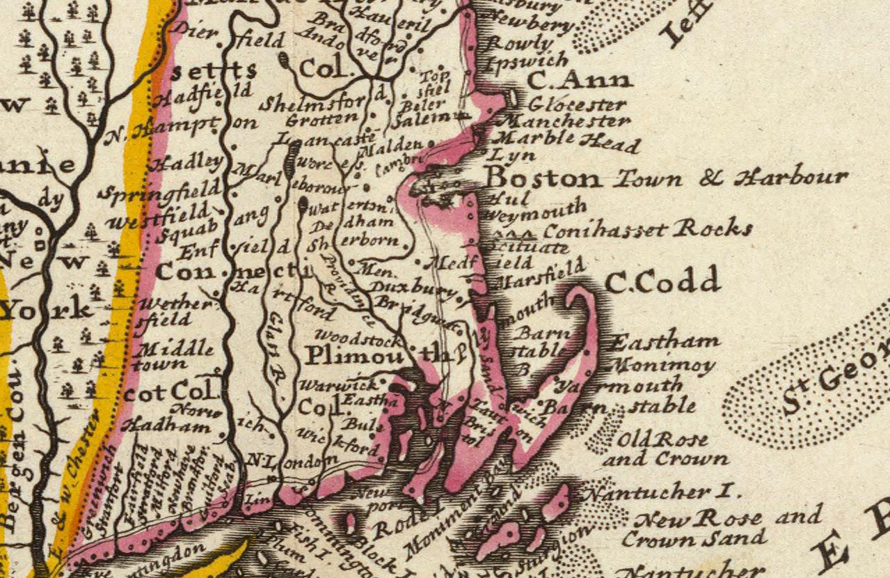 1736 Map of New England, NY, NJ & PA by Moll