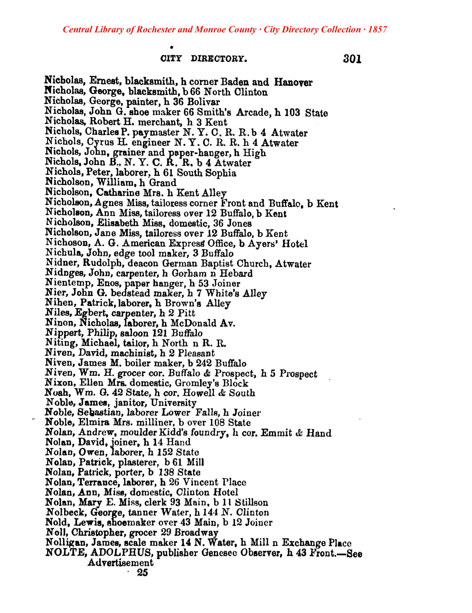 1857 Rochester City Guide for Ernest Nicholas
