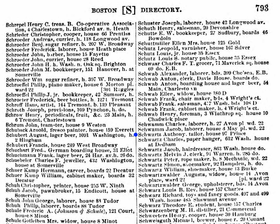 Max Schwartz in 1876 Boston City Directory