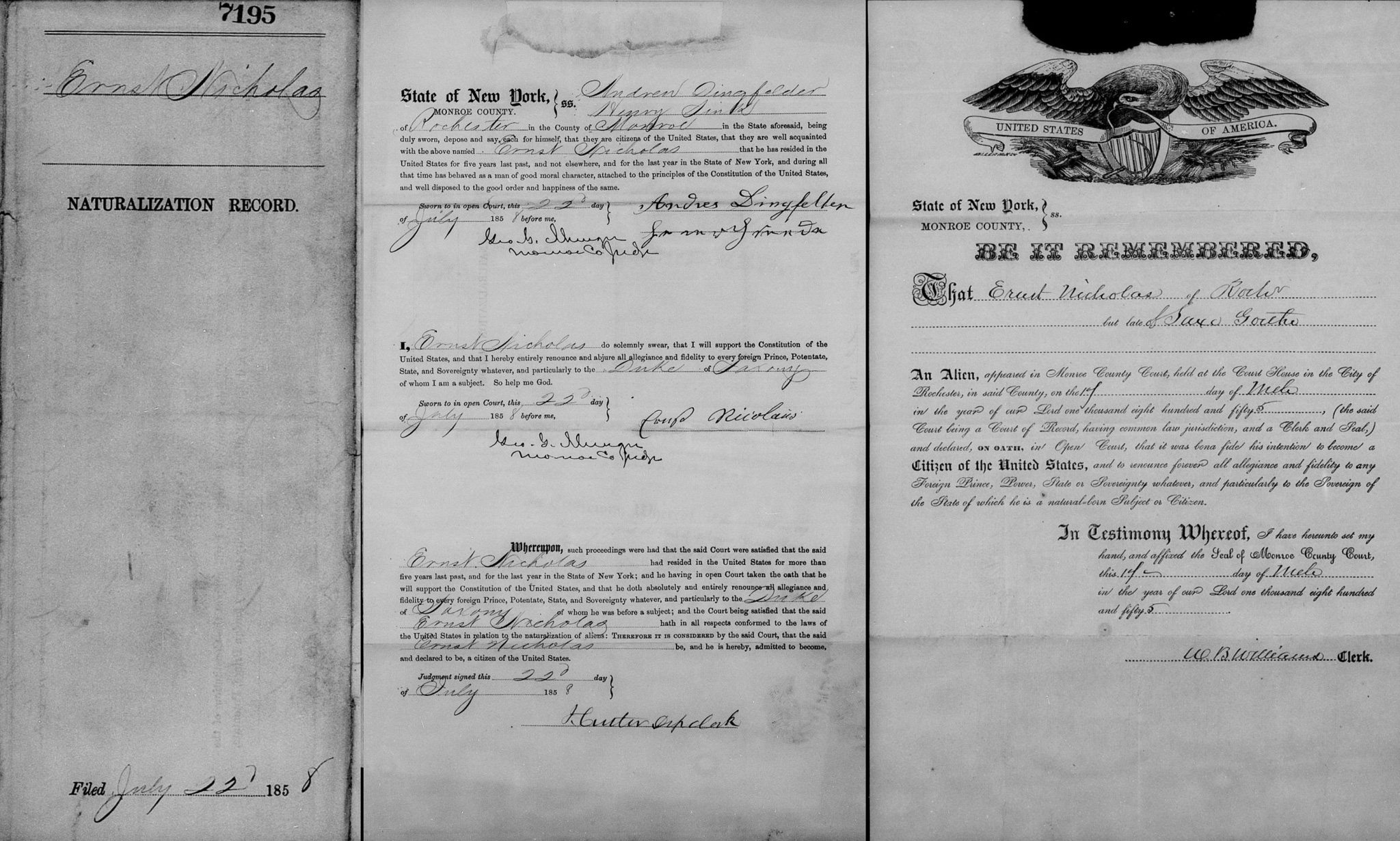 22 July 1858 Ernst Nicholas Naturalization Record