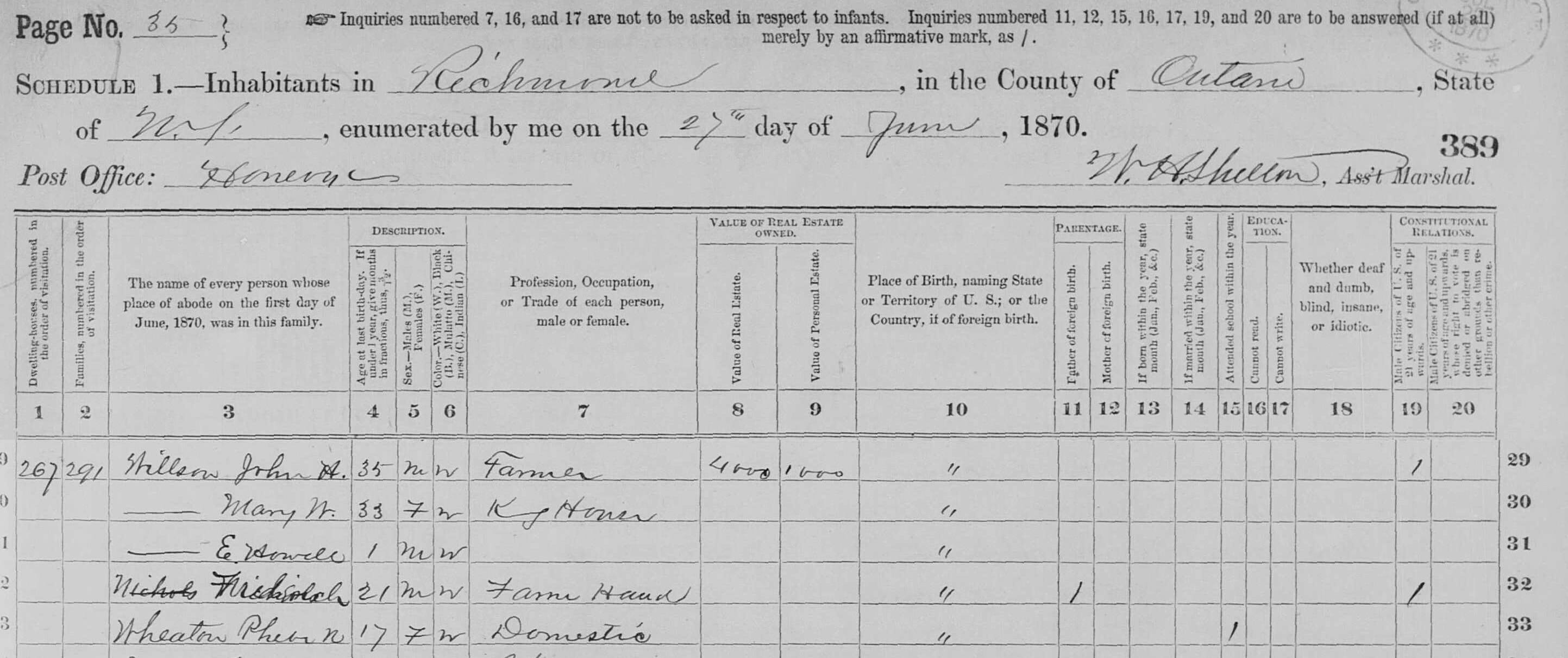 1870 US Census for Frederick Nichols & Phebe Wheaton