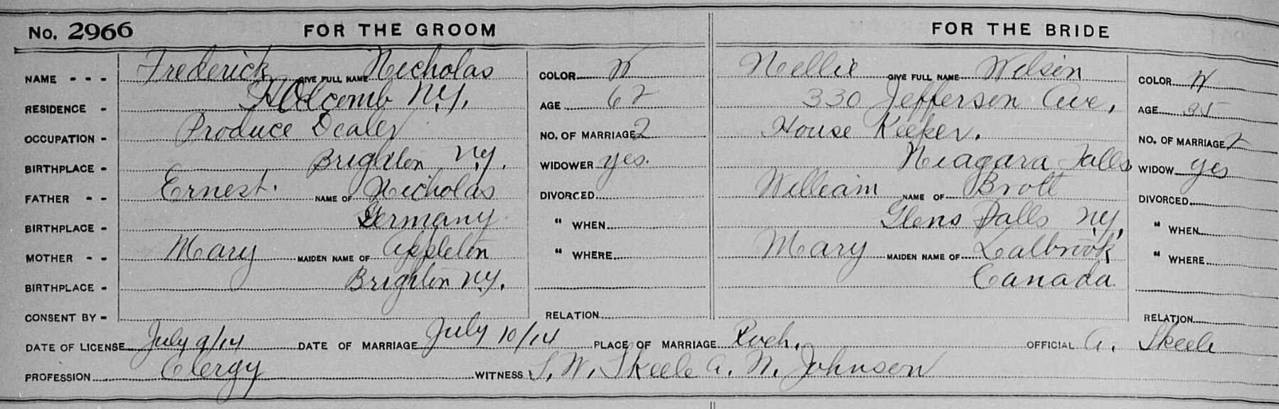 1914 Marriage License for Frederick Nicholas & Nellie Wilson